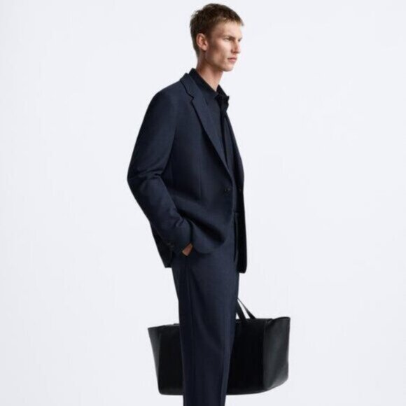 Zara Men’s Textured Navy Blue Neutral Minimalist Blazer & Pant Suit Size 42 - Picture 2 of 5